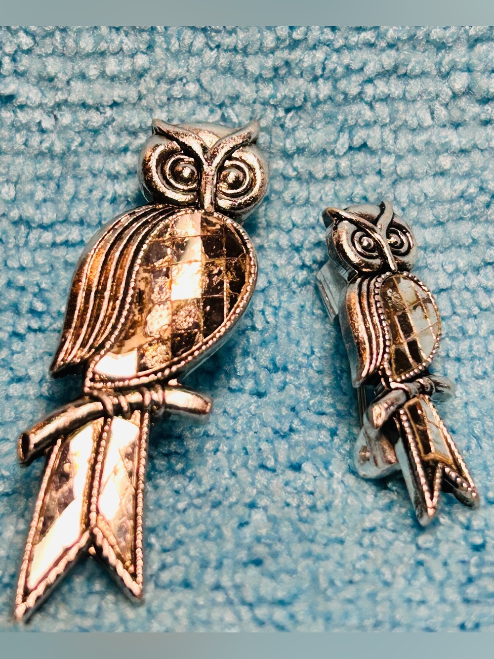 Set of Silver Owl Brooches “Scatter Pins” Silver base Mirror Mosaic 1950-70’s